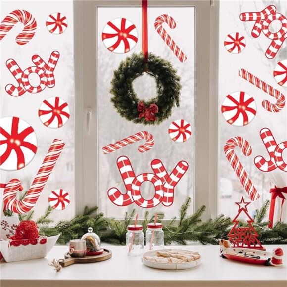 Large Christmas Window Clings Candy Window Decals Merry Christmas Joy Peppermint - Picture 2 of 8